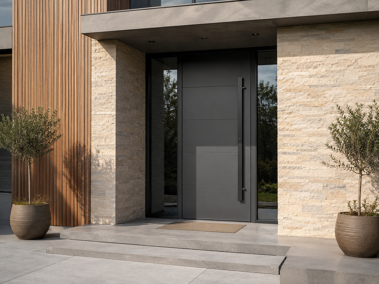 Modern dark aluminium entrance door with glazed side panels